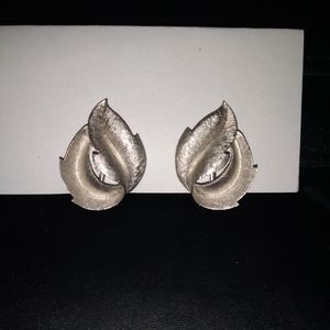 Vintage Pair of Trifari Clip-On Earrings, Silver Leaf Pattern, Signed